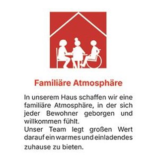 Symbol: 3 Personen an Tisch unter schematischem Dach mit Text zu unserem Wert Familäre Atmosphäre